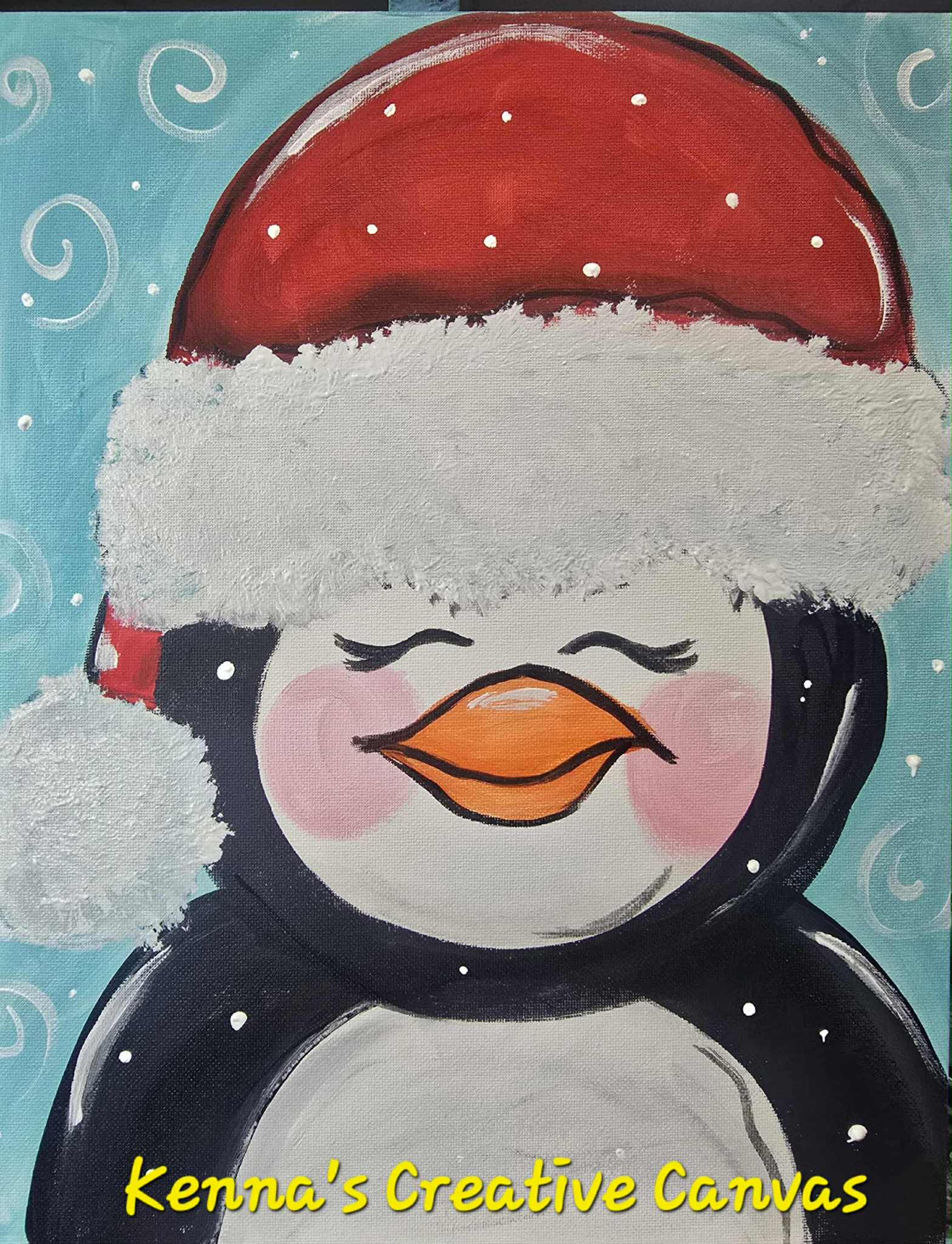 Painting of a Penguin with a Santa Hat on