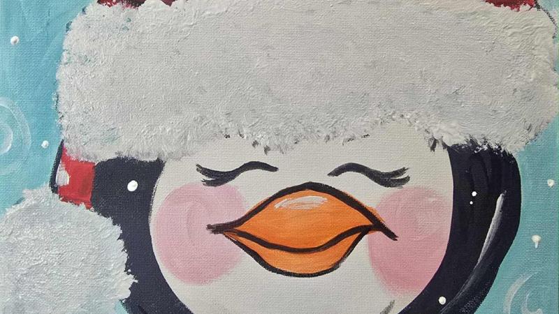 Painting of a Penguin with a Santa Hat on