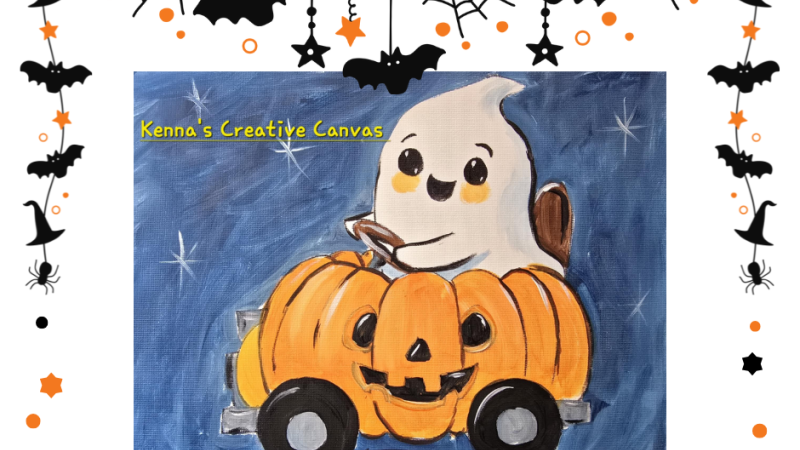 A ghost driving a pumpkin car